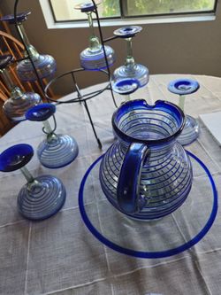 Cobalt Blue Swirl Glass Pitcher and Margarita Glass Set