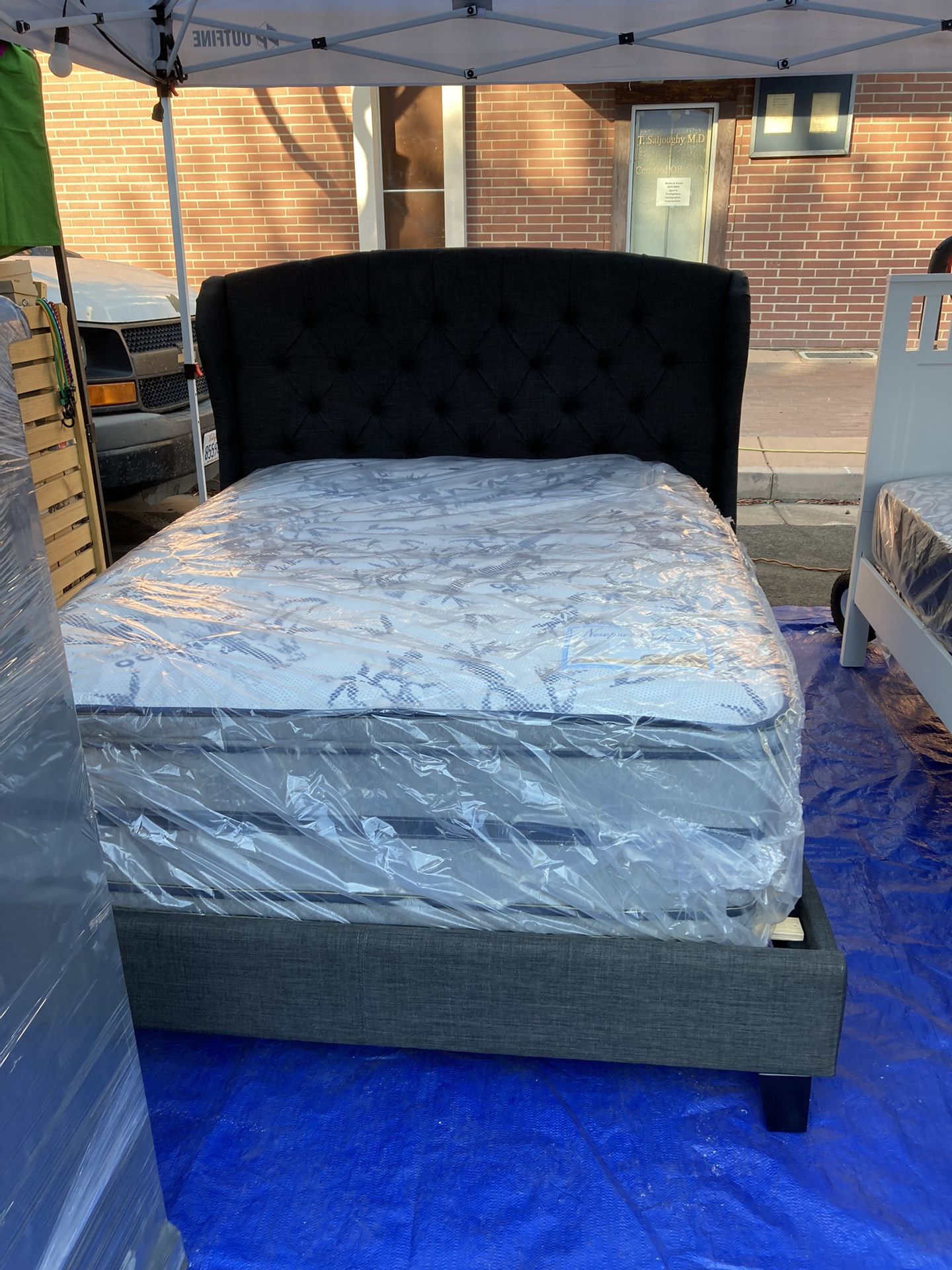 New Full Size Bed Frame With Double Sided Pillow Top Mattress