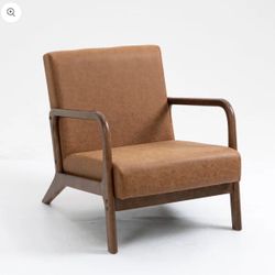 MERAKII Solid wood vegan leather lounge chair with curved arms - Brown