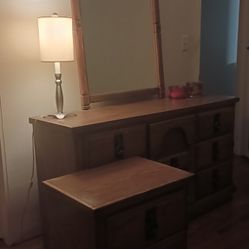 Dresser, Side Table, Mirror And Lamp