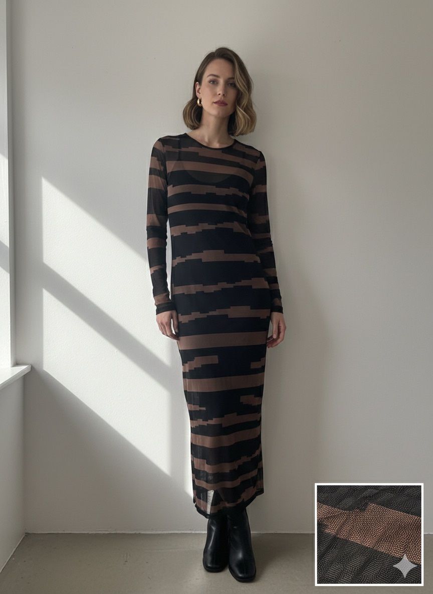 Black Brown Striped Mesh Maxi Dress Long Sleeve Crew Neck Size 1XL