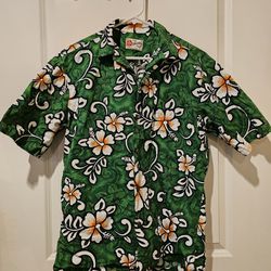 Vintage Hilo Hattie Men's Medium Green Beige Hawaiian Floral Beach Shirt USA 90s