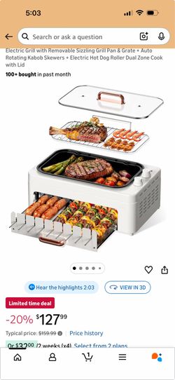 Electric Grill with Removable Sizzling Grill Pan & Grate + Auto Rotating Kabob Skewers + Electric Hot Dog Roller Dual Zone Cook with Lid