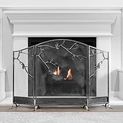 53x36 Fireplace Screen w/Tree Branches 3 Panel Fire Door Freestanding Cover Decorative Spark Guard Gate Grate, Black