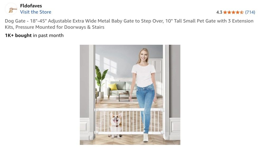 Fldofaves Dog Gate - 18"-45" Adjustable Extra Wide Metal Short Dog Gate to Step Over, 10" Tall Small Pet Gate with 3 Extension Kits, Pressure Mounted 