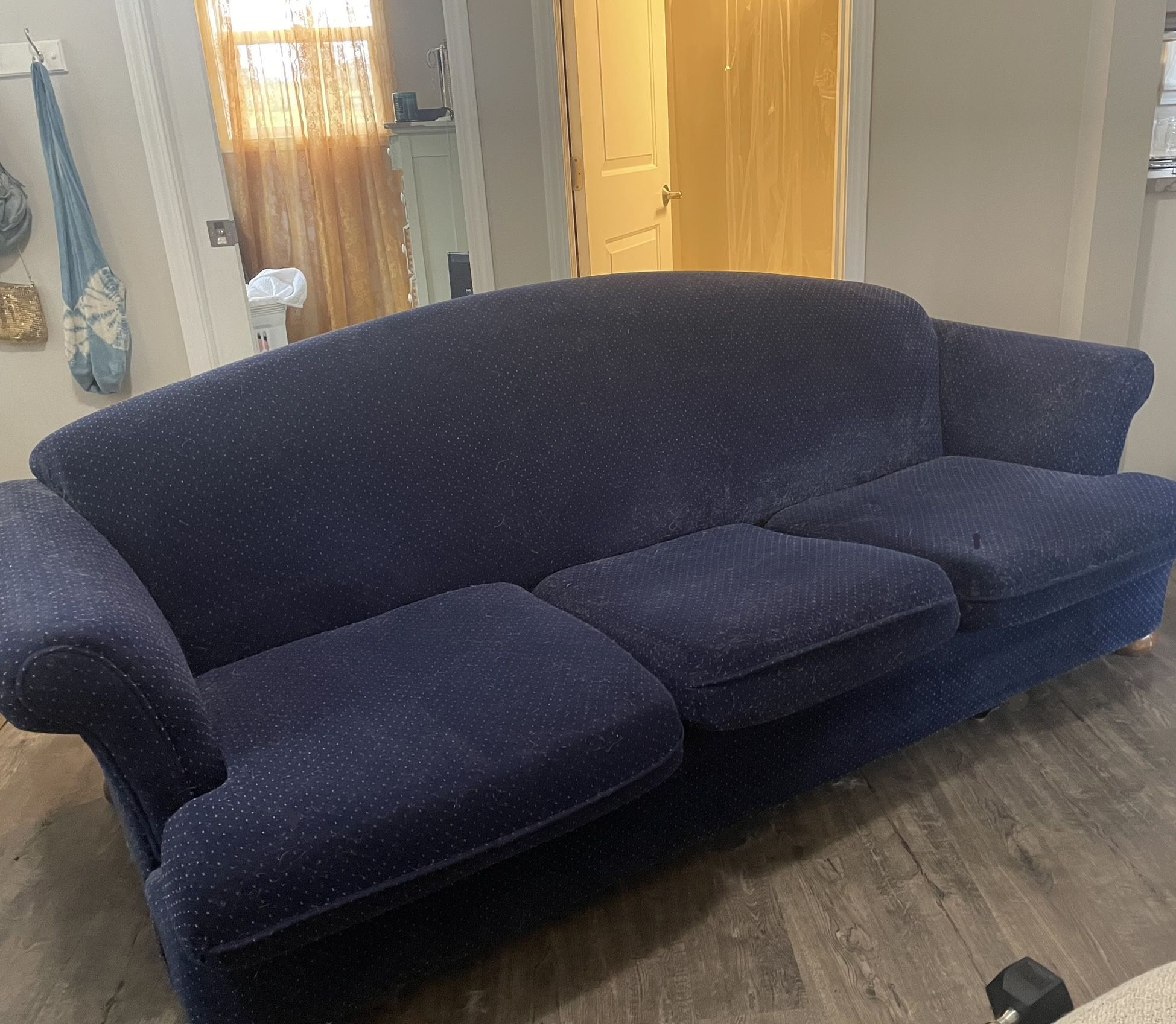 Navy blue sofa Couch, 90” long, about 37” deep