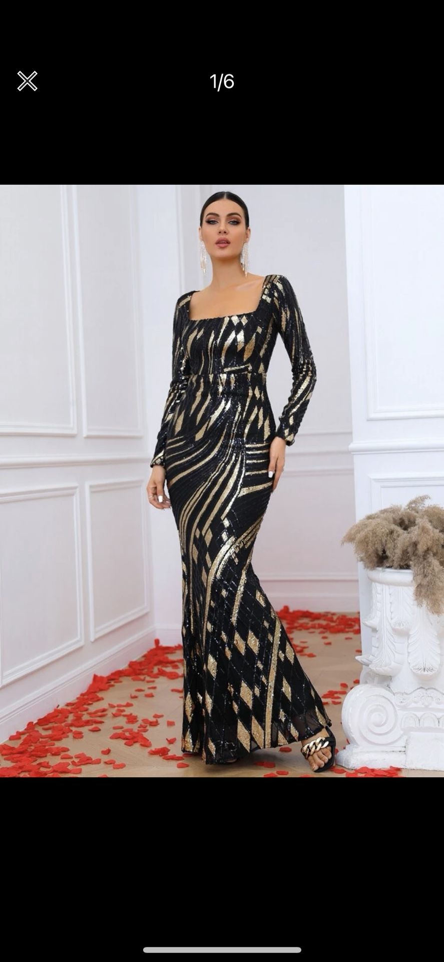 Prom Dress Square Neck Mermaid Hem Sequin Dress Size XS Black And Gold