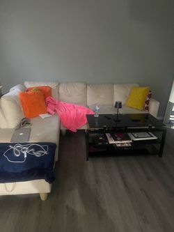 White Fabric Sectional Sofa with Ottoman