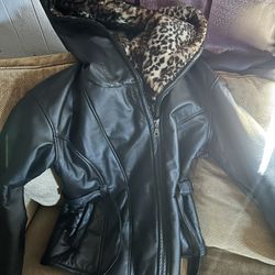 Wilsons Real Leather Black Jacket w/ Leopard Print Faux Fur Lining size L 