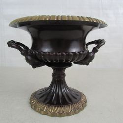 Solid Brass Heavy Pedestal Bowl With Unique Ornate Face Handles


