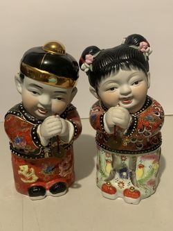 Chinese Boy & Girl Porcelain Figurine Set Traditional Asian Art Decor 9"