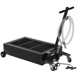 20 Gallon Oil Drain Pan with 12V Electric Pump, Low-Profile Steel Construction, Foldable Handle, Wheels, and 8FT Hose for Garage Use, Black