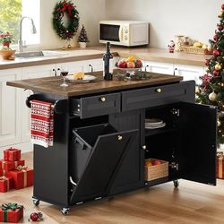 60" Kitchen Island with Power Outlet & Drop Leaf, Kitchen Rolling Island with Spice Rack & Towel Rack, Knife Holder, Kitchen Island Cart with Trash St