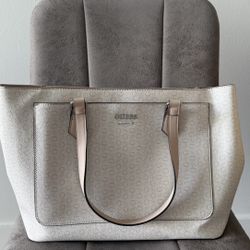 GUESS Tote Bag Beige Monogram Logo Purse – Spacious Stylish Shoulder Handbag