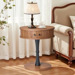 Small End Table with Storage Drawer, Oval Wood Side Table with 2 Sliding Door, Walnut