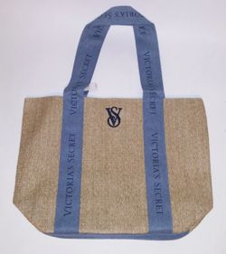 Victoria's Secret Straw Tote Bag Blue Denim Straps VS Logo Beach Travel New With tags