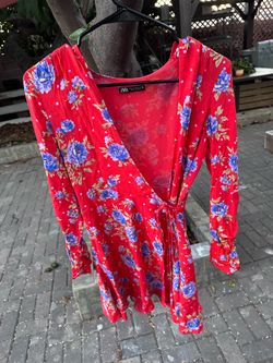 Zara Bright Red Floral Dress with Purple and Blue Blooms Size CS