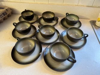 Heath California Pottery Sea and Sand Coffee/Tea Cup and Saucer Set of 8
