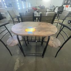 3-Piece Wooden Dining Table Set, Kitchen Breakfast Nook Sets with 2 Chairs & Round Tabletop, Space Saving Furniture Metal Frame and Built-in Wine Rack