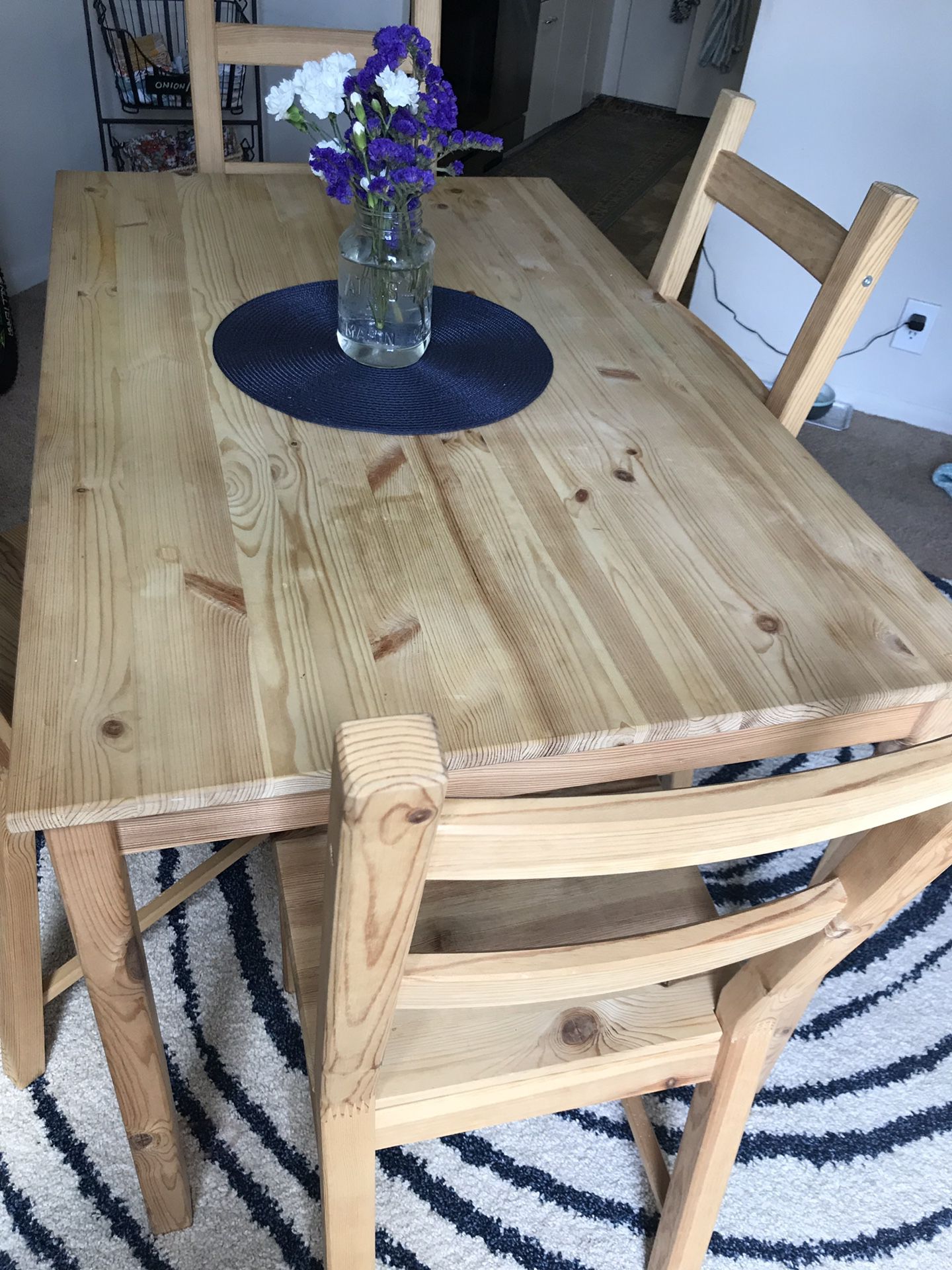 Ikea ‘Ingo ‘natural wood kitchen table and 4 chairs $ 29 each original price unstained)