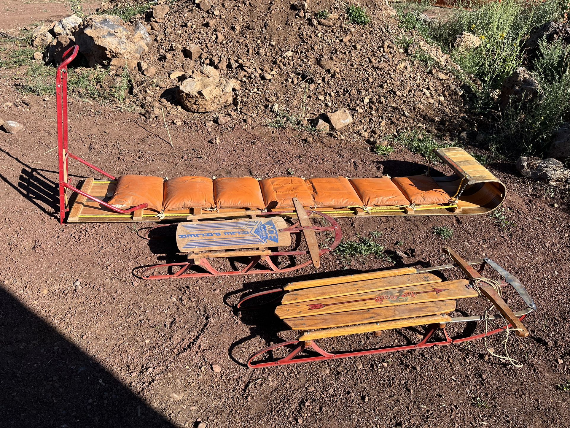 Vintage Wooden Snow Toboggan & Sleds