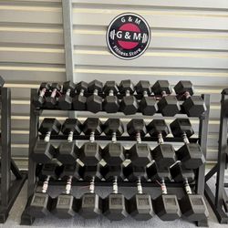 Top quality ⭐️New pair of 5,10,15,20,25,30,35,40,45,50,55,60lb rubber dumbbells with rack. $958