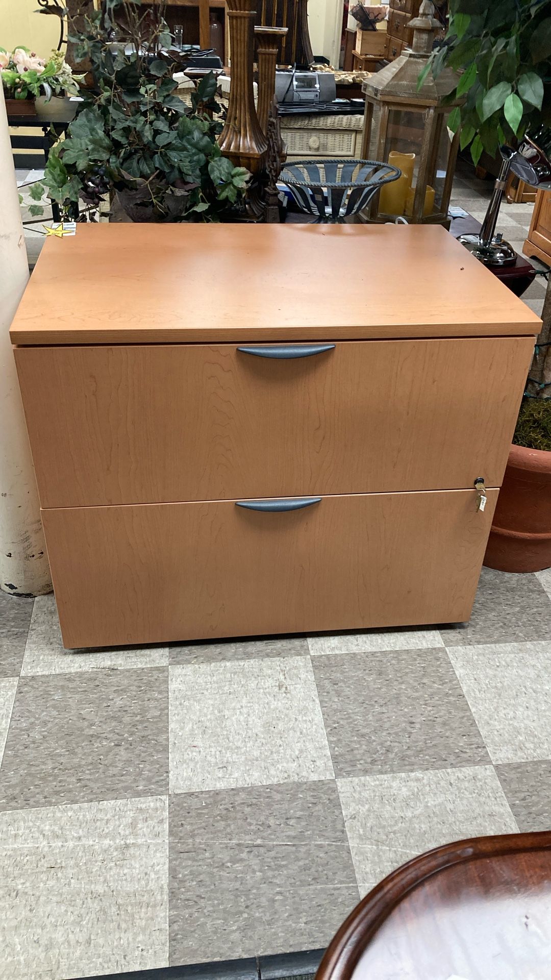 Lightwood two drawer lateral file cabinet with keys