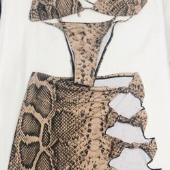 Swimsuit Snake sarong bikini skirt neck strings top bras brown.L
