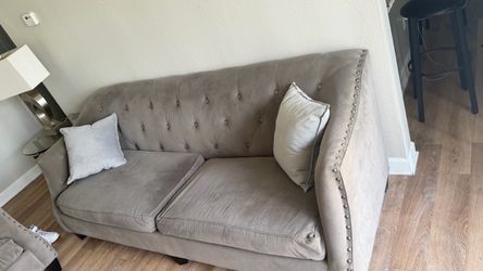 Tufted Velvet Loveseat  and Couch with glass/wood end tables (2)