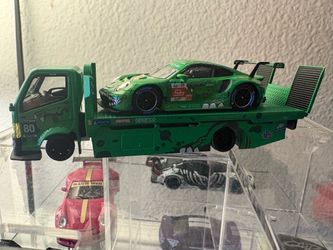 Green Porsche 911 Race Car & Flatbed Truck Die-Cast Set