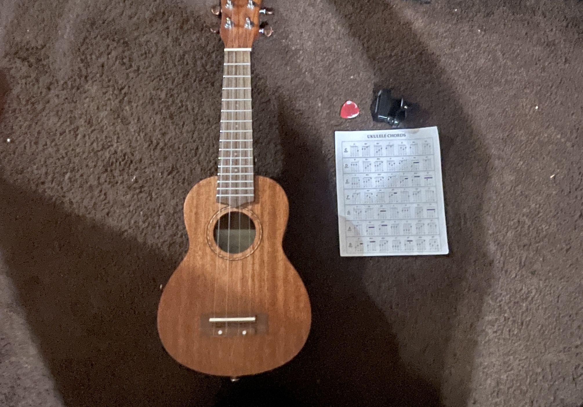 ukelele with tuner and note chart