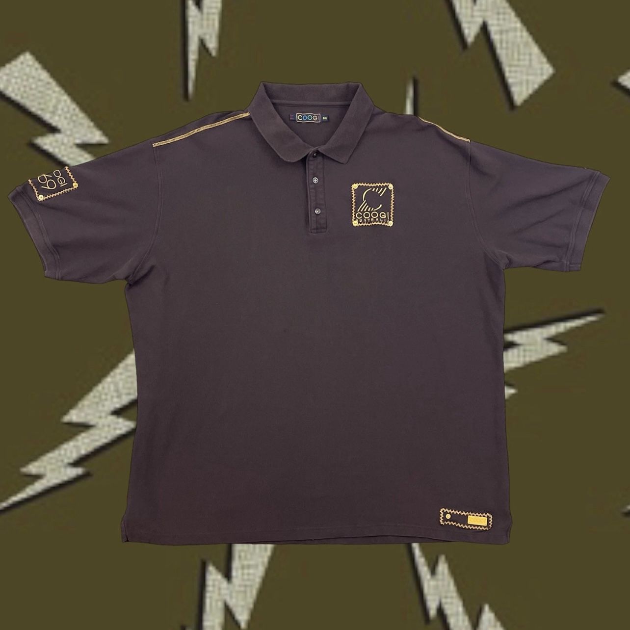 COOGI Mens Brown Yellow Embroidered Basic Short Sleeve Henley Polo Shirt