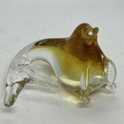 VTG Amber To Clear Art Glass Seal Walrus Sea Lion Figurine  Paperweight 5”x3”