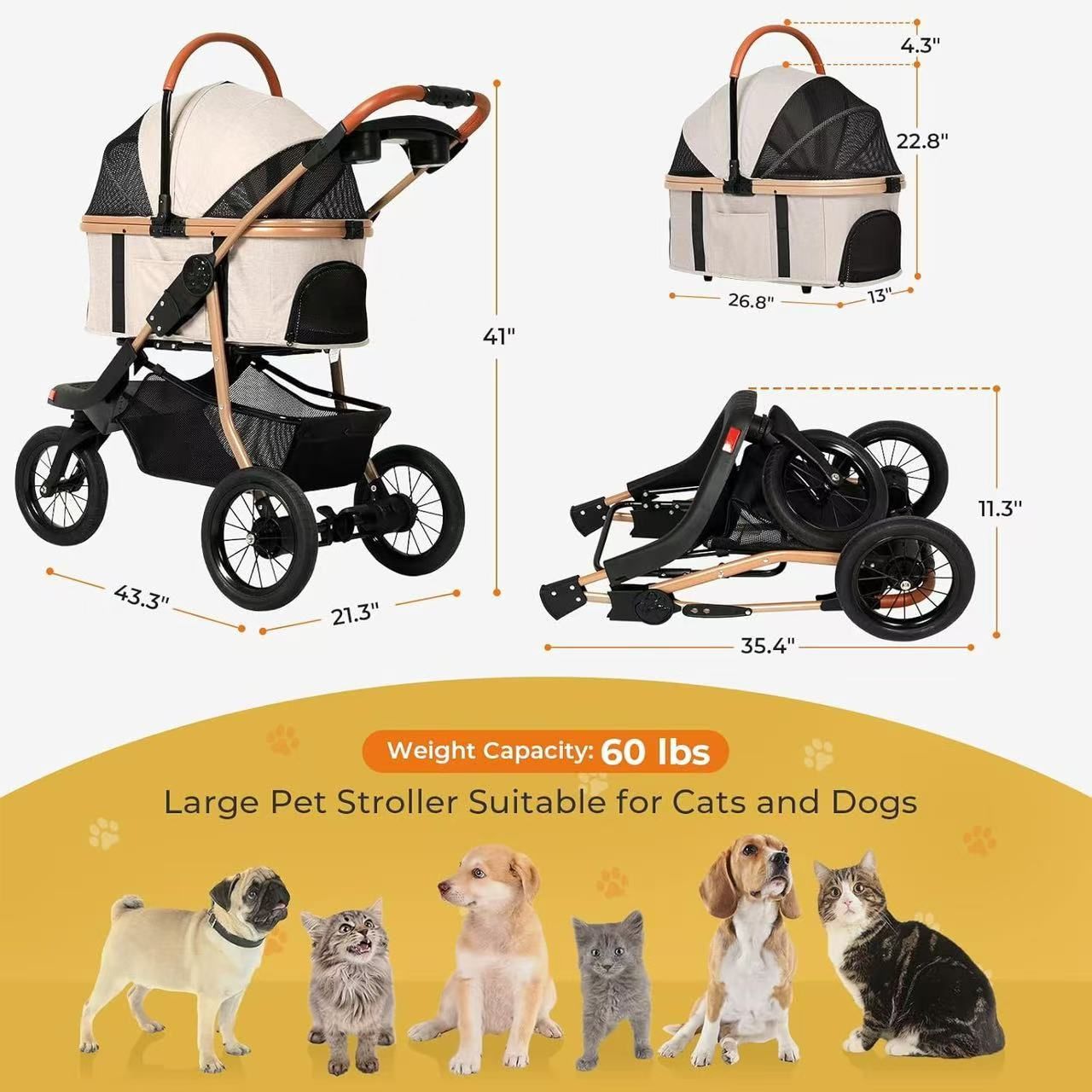 🥨Pet Stroller, Premium 3-in-1 Large Dog Strollers for Cats/Dogs with Detachable Carrier, Zipperless Dual Entry, Foldable Jogging Travel, Rubber Tires