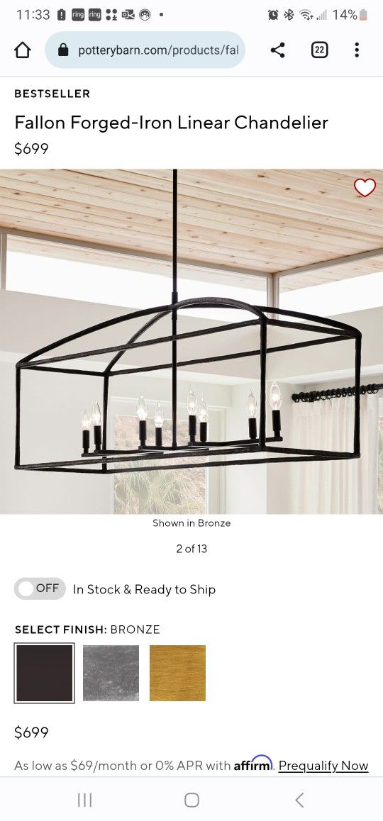 Pottery Barn Fallon Forged-Iron Linear Chandelier