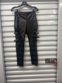 Women's Black Faux Leather Skinny Pants Buckle Grommet Mesh Belted Accents S