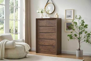 Modern Walnut Brown 6-Drawer Chest Dresser – Tall Bedroom Storage