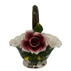 VTG Capodimonte Style Ceramic Porcelain Rose Flower Basket~Hand Painted~Italy