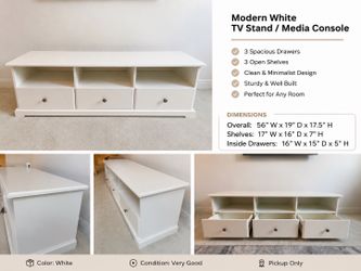 Modern White TV Stand / Media Console with Storage Drawers – 56” Wide
