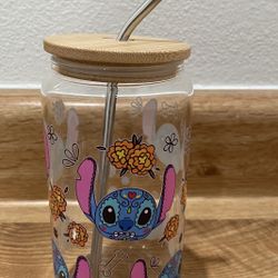  Stitch Day of the Dead Glass Cup W/ Metal Straw