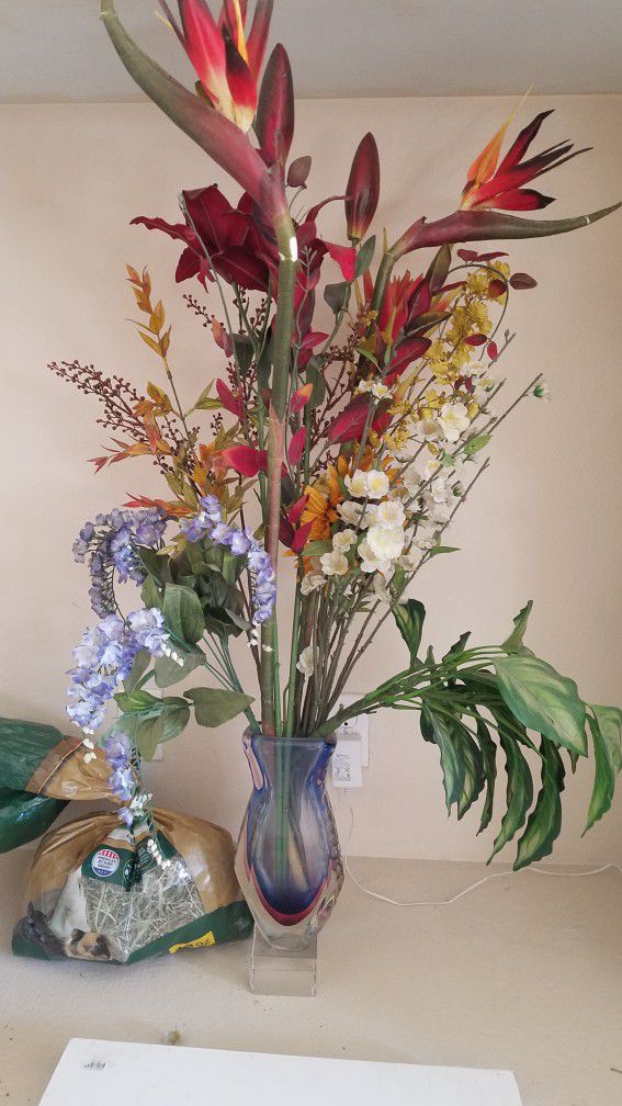 Colored Glass Vase with Faux Flowers. 