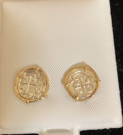 Beautiful Atocha silver coin in gold bezel studs earring