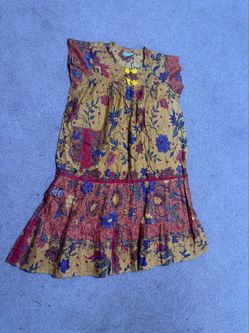 Free size vintage yellow floral tunic dress ruffle flowers boho hippie festival