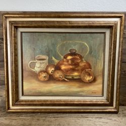 Vintage Signed Kitchen Still Life Copper Kettle Onions Coffee Mug (21.5” x 25.75”)