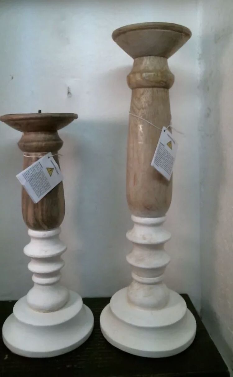 Decoris Candle Holder, 12" & 16" Pair, Brown/White Mango Wood White