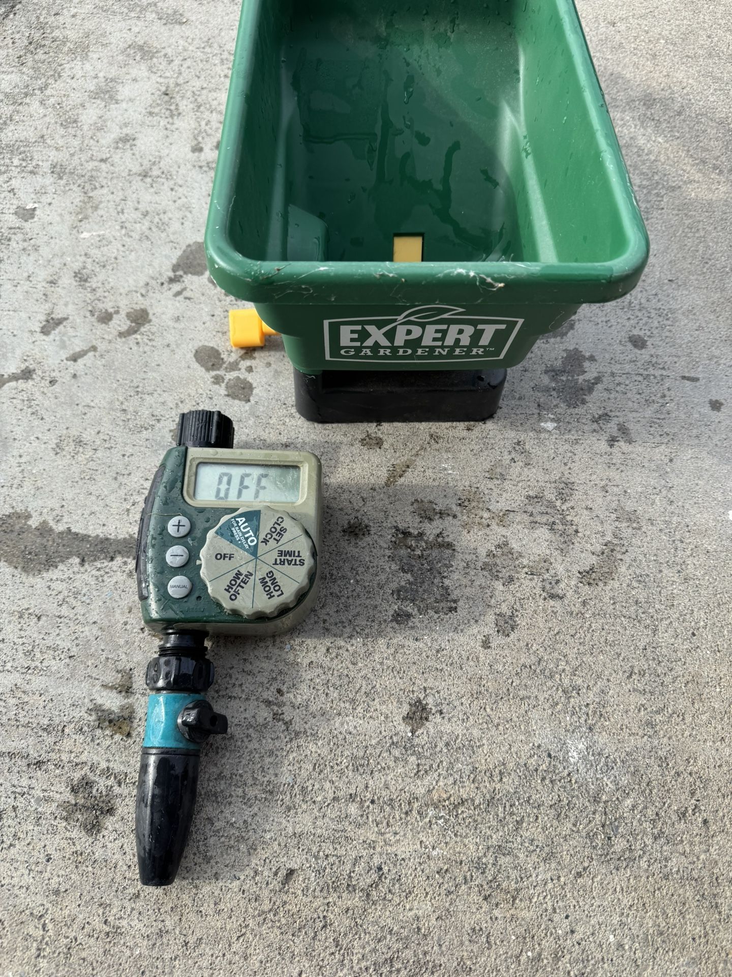 Fertilizer, spreader, and automatic digital sprinkler system