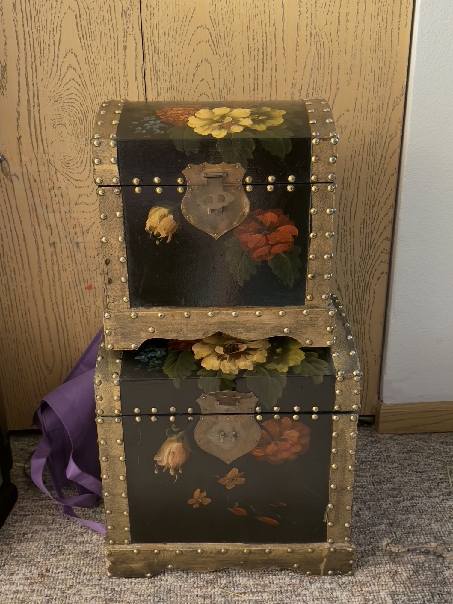 Vintage Hand-Painted Wooden Trunks – Floral Design (Set of 2)
