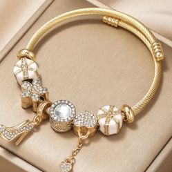 High Quality 18K Real Gold Plated Stainless Steel Jewelry Key and Heart Charm Bracelet