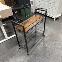 Bar Cart,Home Bar Serving Cart with Storage Shelves, 2 Tier Rolling Beverage Cart with Wheels, Modern Wine Cart with Wine Rack and Glass Holder for Ki