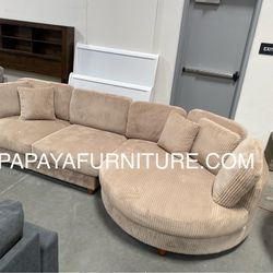 New 125” Deep Seating Comfortable Couch, Sectional, Large Sectional, Corduroy Sectional, Camel Beige Sectional, Brown Sectional With Round Chaise, Sof